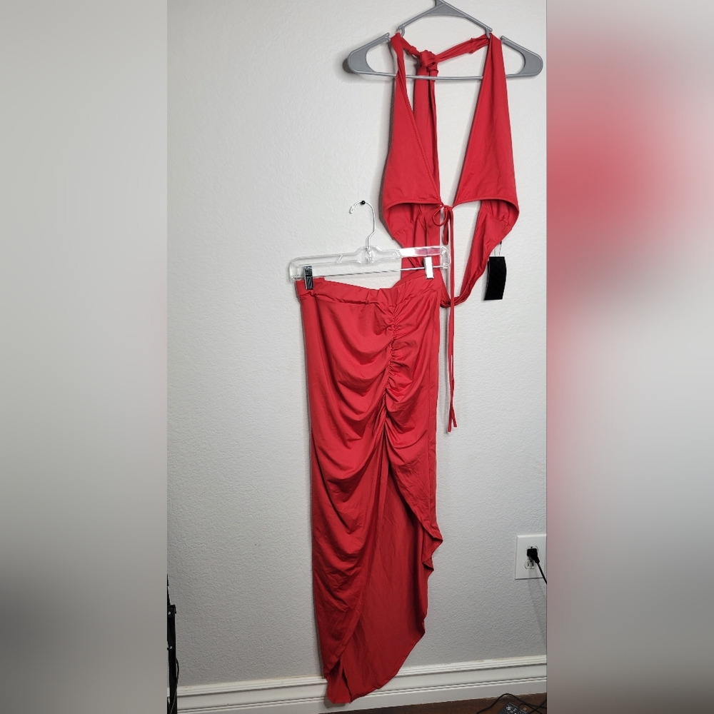 Red Ruched  Skirt and Halter Top